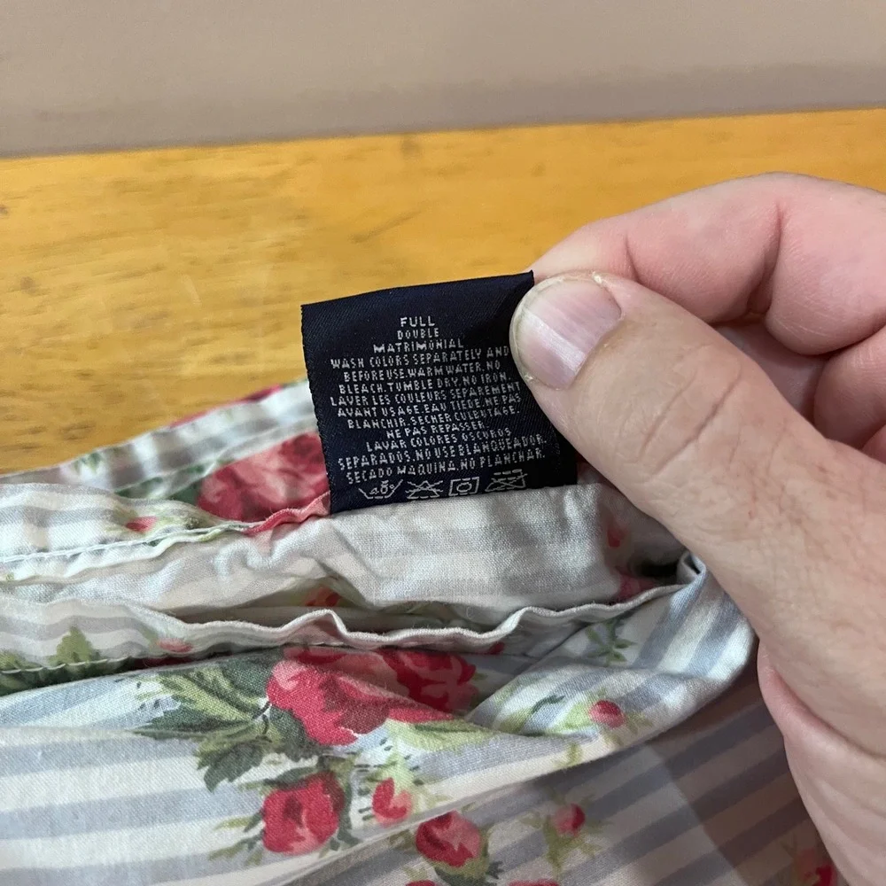 Vtg Ralph Lauren Emma Blue Floral Rose Ticking Stripe Ruffle Full Flat Sheet USA